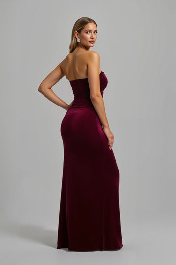 Strapless Burgundy Mermaid Velvet Formal Dress